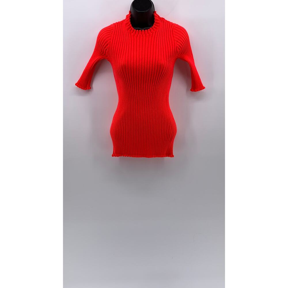 UNBRANDED Women's Neon Orange Ribbed High-Neck Short Sleeve Top SZ XS/S